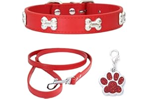 HALFSUMO Obroża dla psa, skórzana obroża dla psa, smycz dla psa, regulowana, dla małych i średnich psów, kotów, czerwona, XS
