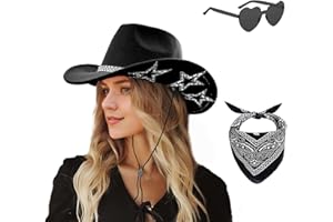 DAJOOEE Cowgirl Hat with Bandana & Heart Sunglasses | Glitter Star Cowboy Hat | Western Sparkly Hats for Women & Men
