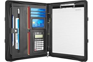 WIKSITE Zippered Conference Folder Business Padfolio A4 Portfolio Folder with A4 Notepad & Calculator - Multifunction PU Leather A4 Clipboard Folder, Gusseted Storage Pocket, and Document Holder Case