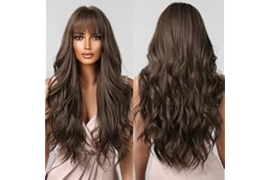 ‎TESTAR testar 28 Zoll Braune Perücken Für Frauen Lange Gewellte Lockige Braune Perücken Mit Pony Dunkelbraune Perücken Niedliche Haarperücken Natürlich Synthetische Farbperücke