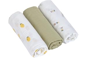 LÄSSIG Kocyk dla niemowląt, koc do plucia, chusta muślinowa, zestaw 3 sztuk, bawełna 85 x 85 cm, koc Swaddle & Burp Blanket L Happy Fruits Lemon