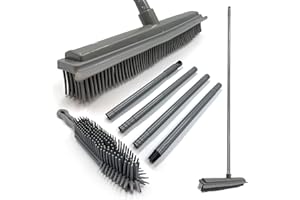 TDBS THE DUSTPAN AND BRUSH STORE Juego de escoba de goma y cepillo de mano de goma Escoba suave interior, barredora de alfombras y removedor de pelo de mascotas con cabezal de cepillo de goma de 31 cm y mango de acero inoxidable