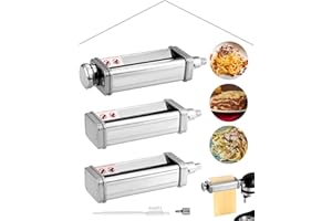 HOMGEN Nudelaufsatz-Set für KitchenAid Standmixer, inklusive Nudelblattwalze, Spaghettischneider & Fettuccine-Schneider, Edelstahl Nudelwalzenzubehör mit 8 einstellbaren Geschwindigkeiten, 3 Teile