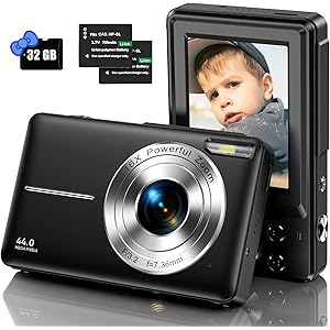 LEKATO 1080P Kids Digital Camera with 32Gb Card, 2 Batteries, Lanyard, 16X Zoom Anti Shake, 44Mp Compact Portable Small Point and Shoot Cameras Gift for Kids Student Children Teens Girl Boy (DC)