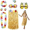 ELECDON 8 Pieces Hula Skirt Costume Kit, Hawaiian Leis Grass Skirt with Flowers Bikini Top Bracelets Necklace Hair Clip Pineapple Sunglasses for Hula Costume and Beach Party, Masquerade - green