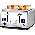 CUSIMAX 4 Slice Toaster LED Display Bread Toaster with Dual Control Panels of Timer, Extra Wide Slots and 6 Browning Settings, Cancel/Reheat/Defrost Function, Removable Crumb Trays, Silver