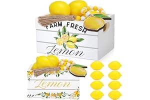Qunclay Zitronen-Mini-Kiste, Sommer-Tablett, Dekor mit 8 künstlichen Zitronen mit Holzperlen, Quaste, Bauernhaus, Limonade, Küchendekoration, Sommerzeit, Holzkiste für Party-Dekoration