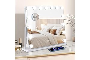 Sunowl Hollywood Vanity Mirror with Lights, 57x48cm Lighted Makeup Mirror with 15 Dimmable LED Bulbs, 3 Lighting Modes, Touch Screen Control, Tabletop or Wall Mounted Cosmetic Mirror for Bedroom