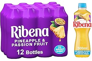 Ribena Pineapple and Passion Fruit Juice Drink No Added Sugar 500ml Multipack of 12 | Real Fruit | Rich in Vitamin C | No Artificial Colours or Flavours | Tropical Refreshment | Ready To Drink