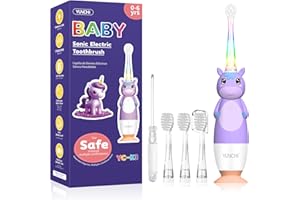 Spazzolino elettrico per bambini 0-3-6 anni, con timer, luce LED arcobaleno colorato, 4 testine morbide, alimentato a batteria, per ragazze, ragazzi, bambini, YUNCHI K3 (unicorno viola)