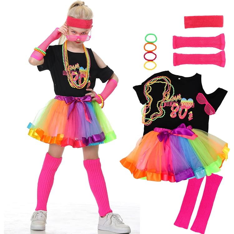 Hioecau Tenue de Fête Néon pour Femmes des Années 80 et 90, T-Shirt en Résille à une Épaule, Gants, Poignets, Jambières pour Fête à Thème, Carnaval, Déguisement