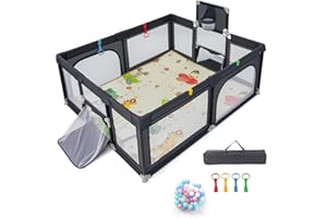 GYMAX Baby Playpen, Large Toddler Fence Play Yard with 50 Ocean Balls, Soft Mat, Basketball Hoop and Soccer Nets, Indoor Outdoor Infant Activity Center (Dark Gray, 187 x 157 x 68cm)