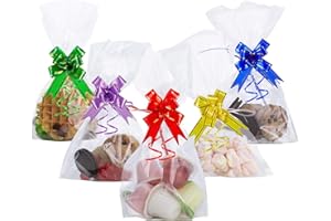50Pcs Clear Cellophane Treat Bags 6" X 10" AUERVO Clear Resealable Flat Cello Bags Sweet Party Gift Bags OPP Plastic Bag with 50PCS Mix Colors Pull Bows for Candy, Soap, Cookie