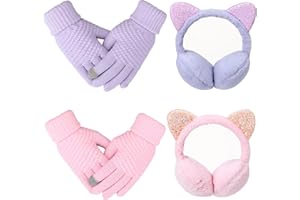 ViEinkaufen 2 pcs Ear Muffs and 2 Pairs Gloves Set for Girls, Kids Faux Furry Cute Cat Ear Warmers, Kids Touch screen gloves, in Cold Weather