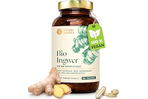 ‎NATURE BASICS Bio Ingwer Extrakt Kapseln - 180 Kapseln hochdosiert / 600 mg reines Bio Ingwer Extrakt pro Tagesdosis/Ayurvedisch/Vegan, Zertifiziert & Nachhaltig im Glas