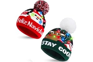 Sunwuun 2Pcs Christmas Led Light Up Hats, Santa Hat Xmas Beanie Knitted Hats with 6 Colorful Led Novelty for Children and Adult