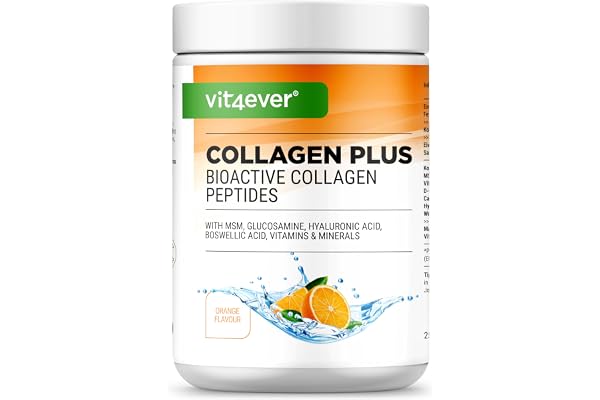 Collagen Plus - 500 g de poudre avec MSM, glucosamine HCL, acide hyaluronique, extrait d’encens - 100% peptides de collagène hydrolysé bioactif - collagène type 1 & 3 - goût orange