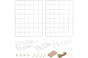 ODOXIA 2 Pack Wire Wall Grid Panel With Accessories | Includes Hanging Basket, Shelf & Hook Rack | Complete Set | Wire Notice Board | Hanging Home, Office & Kitchen Décor | Photo Board | Metal & White