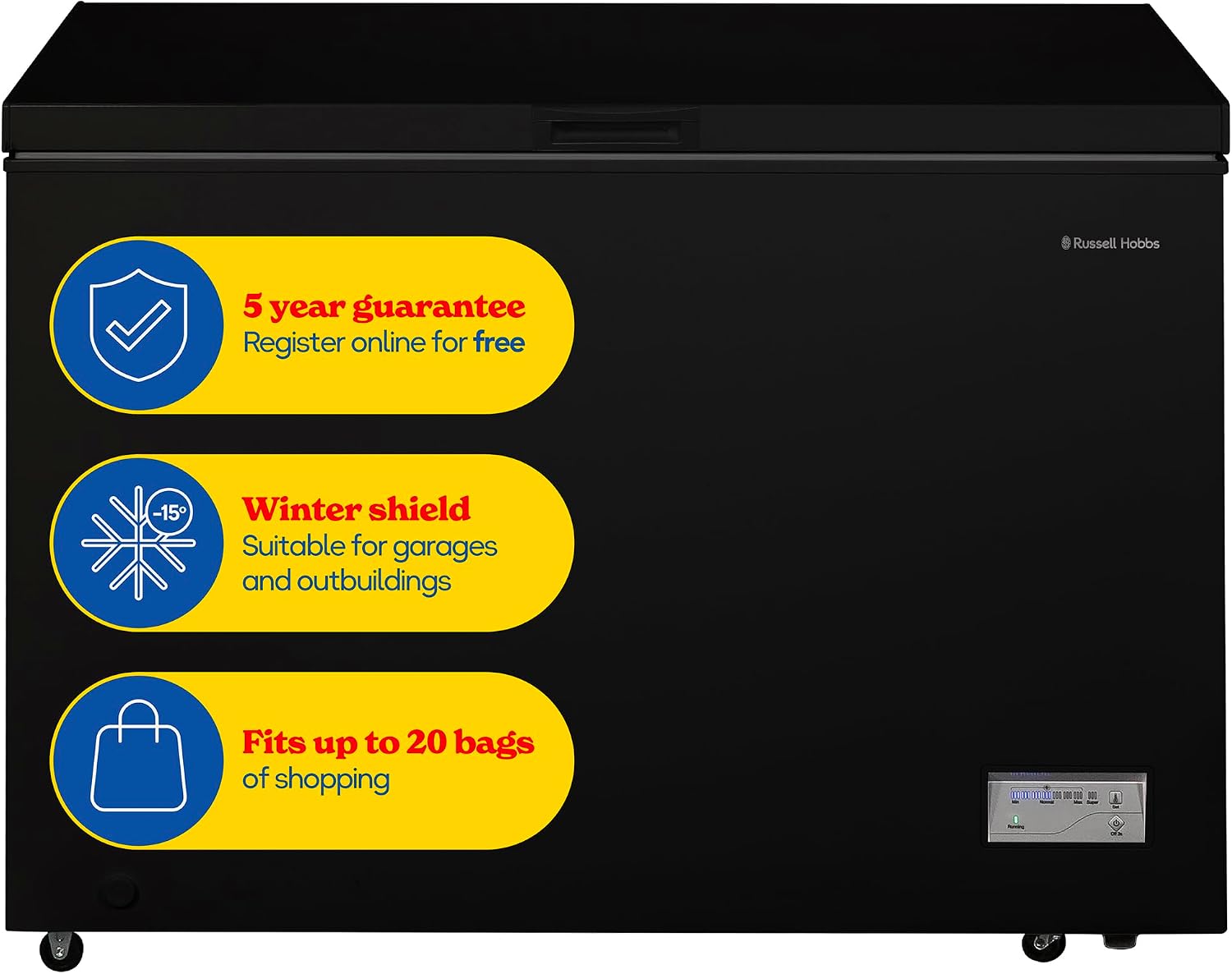 Russell Hobbs Free Standing Chest Freezer, 300 Litres, Low Noise, Garage Safe, Counterbalance Lid, Front Drain Hole, 1.8m Cord, Castor Wheels, 5 Year Registered Guarantee Black, RH300CF201B