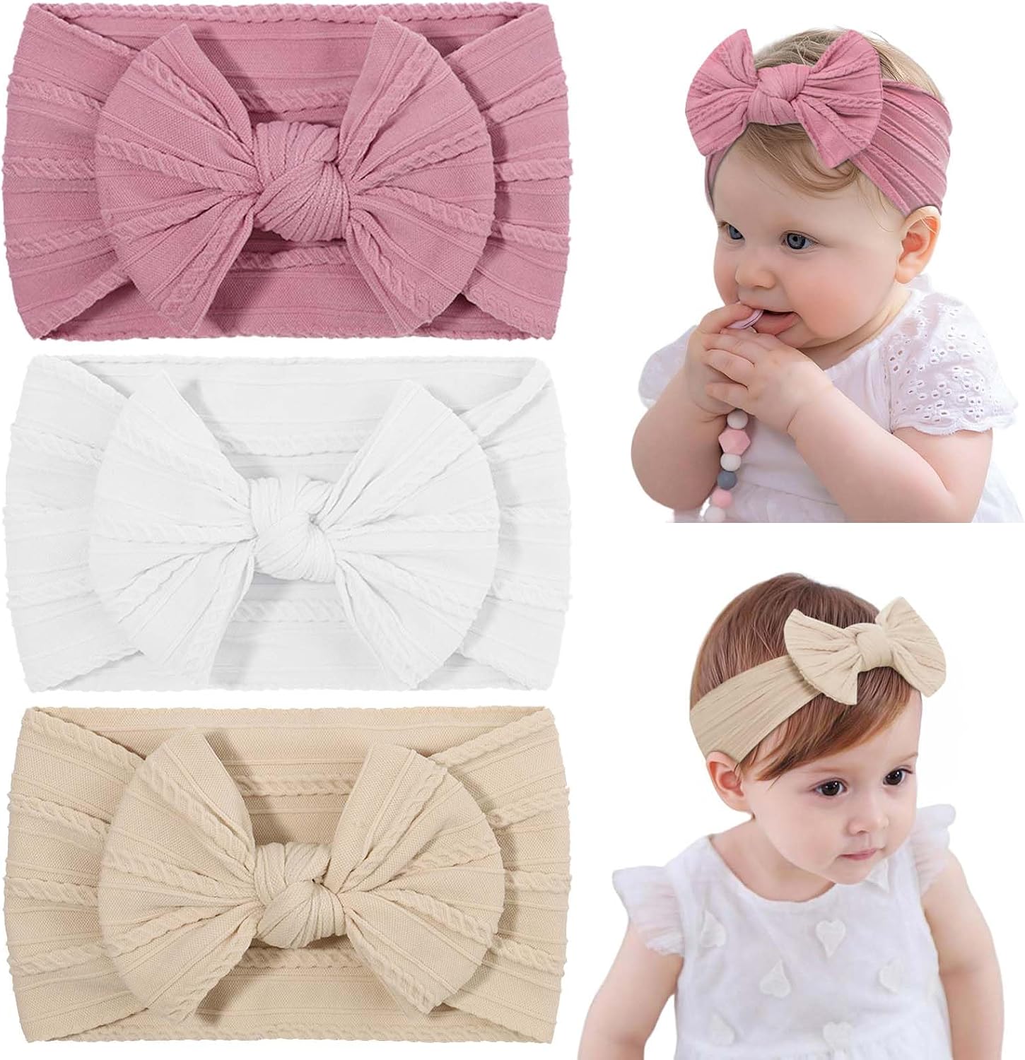 DiULi Baby Headbands, 3 Pcs Baby Headbands for Girls Stretchy Soft Babys Bows Cute Headwear Nylon Toddler Infant Hairbands Babys Turban Headband Elastic Hair Bands for Kids Infants Toddlers Newborn（B）