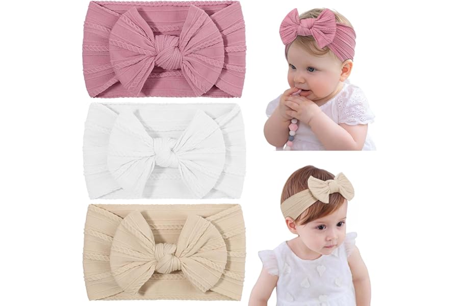 DiULi Baby Headbands, 3 Pcs Baby Headbands for Girls Stretchy Soft Babys Bows Cute Headwear Nylon Toddler Infant Hairbands Babys Turban Headband Elastic Hair Bands for Kids Infants Toddlers Newborn（B）