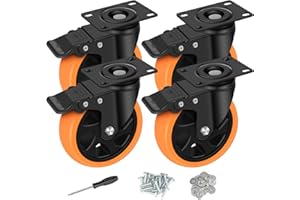 AIKYA Lot de 4 Roulettes Pivotantes avec Frein Orange 100mm, Capacité de 600kg, Rotation à 360 Degrés sans Bruit Roulettes à Plaque Industrielles avec Vis - Roulettes pour Meubles, Chariots et Établis