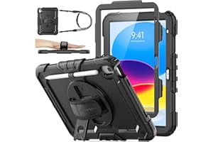 SEYMAC stock Hülle für iPad A16 11./10. Generation 11/10.9 Zoll 2025/2022, Stoßfeste Hülle mit Displayschutzfolie, 360 Drehbarer Ständer/Handschlaufe, Stifthalter & Schultergurt, Schwarz