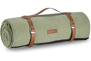 VonShef Picnic Blanket, Green Herringbone Large Outdoor Rug with Waterproof Backing, 8 Person Weatherproof Picnic Mat with Faux Leather Handle, Water Resistant Camping Accessories, 200x220cm
