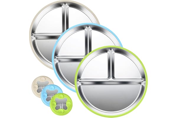 babikeen Set de 3 Plato acero Inoxidable Bebe con Ventosa, Irrompible Plato Dividido Antideslizante para Tronas, funda de silicona extraíble Utensilios para Bebé, sin BPA, apto para lavavajillas