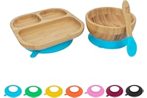 Children's Segmented Bamboo Plate, Bowl & Silicone Spoon Set with Suction Cup - Great for Baby Toddler Weaning - Eco Friendly Kids Food Plates Bowls & Spoons - Blue - By Tiny Dining