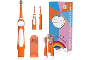 CHAIN PEAK Brosse à dents électrique dinosaure, brosse à dents sonique pour enfants de 3 à 12 ans avec rappel des 30 secondes, minuterie 2 minutes, 5 modes, 4 têtes, rechargeable, support mural