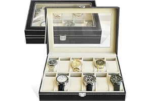 FEIBRAND Boite à Montre Coffret Rangement: Boîte Présentoir Montres avec 12 Compartiments - Organisateur Écrin pour Montre Cuir PU avec Couvercle en Verre - Etui Porte Bijoux Montre Homme Femme Cadeau | Noir