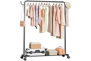 Yorbay Multifunktioneller Höhenverstellbarer Kleiderständer auf Rollen: Robuste Kleiderstange aus Metall mit Gepäckablage - Platzsparende Garderobenständer für Schlafzimmer Waschküche (117 cm Breit)