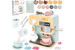 KKSJK Cafetera Juguete Niño, 35 Piezas Juguete Cocina Niños con Máquina de Café de Madera, Menús y Jugar Dinero, Accesorios Cocinita Infantil, Regalos Educativos Juegos de rol para Niñas y Niños 3+