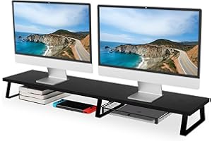 Aothia Large Dual Monitor Stand Riser - Monitor Stand for 2 Monitors,Monitor Stand with Drawer,Desk Shelf for Monitor,Wood Monitor Riser Stand with Storage Organize for PC/TV/Laptop/Screen (Black)