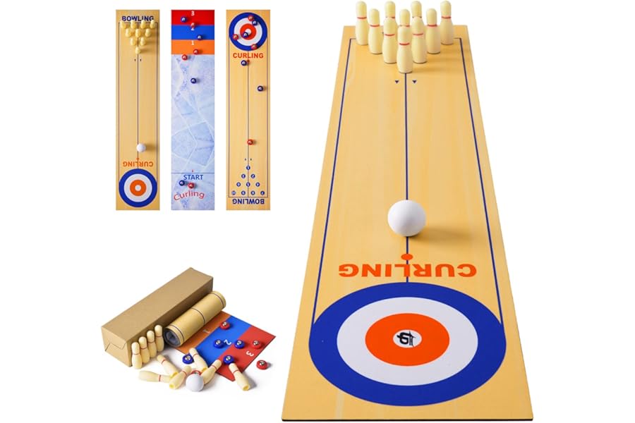 3 in 1 Table Top Shuffleboard Pucks and Bowling Ball and Curling Games, Mini Tabletop Game with 8 Rollers, Portable Tabletop Family Game for Indoor Outdoor