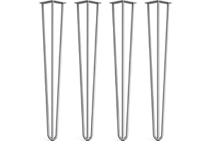 4 x Hairpin Legs from DT IRONCRAFT - 71cm 3 Rod / 12mm, Bare Steel with Floor Protector Feet & Screws - Heavy Duty Desk, Dining Table Legs