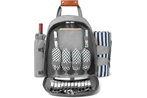 ‎DHAEE Picknick-Rucksack für 4 Personen mit Kühlfach und Weinhalter, Fleecedecke, Besteck-Set, für Camping, Strand, Tagesreisen, Wandern, Zubehör, Zubehör (Hellgrau)