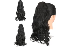 ‎GAIRYAN Gairyan 45cm Pferdeschwanz Haarteil Zopf Extensions Lang Lockige Klammer Claw Clip in Ponytail Extensions Synthetik Haare Extensions Gewellt Haarteil Haarverlängerung für Frauen (Schwarz)