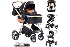 Shineey Kinderwagen 3 in 1,Faltbarer Puppenwagen Set,Reisesysteme kinderwagen Kinderkarre komplettset Neugeborener Tragbarer Mit Höhenverstellbarer Rahmen Aluminiumlegierung (H2/BLACK, H2)