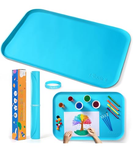 GEEKHOM Tappetini In Silicone Per Pittura 2 Pezzi – 60x40 Cm, Lavabili, Antiaderenti Con Bordi Rialzati, Per Bambini (Giallo E Blu)