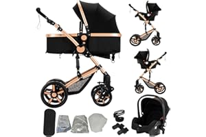 Sianldcone Carrito Bebe 3 en 1, Tejidos de Primera Calidad Carro Bebe 3 Piezas, Visión Abierta Silla Paseo Reversible, Empuje Bidireccional Carros Para Bebes (588 Black Gold)