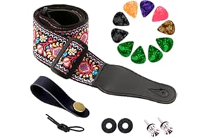 ZENGSING Plectrum, Guitar Strap, Guitar Picks, Cotton Guitar Straps, Vintage Embroidered Guitar Straps with Genuine Leather Ends, Strap Locks, Guitar Picks for Bass, Acoustics, Electric Guitar (Set C)