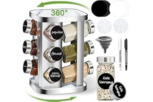 FDGAUCA porta spezie per cucina con 12 barattoli spezie rettangolari, organizer girevole per spezie portaspezie in acciaio inox girevole organizzatore per spezie cucina