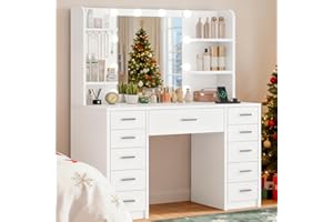 TEENFON Duża toaletka z lustrem i światłem LED, 3 regulowane kolory, stół do makijażu z 11 szufladami, 4 półkami i 5 haczykami, uchwyt na suszarkę do włosów, nowoczesna komoda, biała