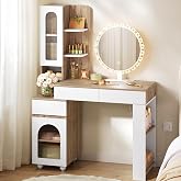 WOLTU Makeup Vanity with LED Mirror, Light Oak + White | 3 Drawers, 2 Wardrobes with Adjustable Shelves, Open Compartments an