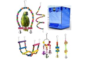 QeeHeng Vasca da Bagno per Uccelli, Contenitore per Uccelli da 13 x 13 x 17 cm, Contenitore Trasparente per mangiatoia per Uccelli Piccoli, (Senza perdite e 6 Giocattoli per Uccelli) (Blu)