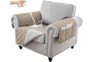 RAPRAP 100% Waterproof Armchair Cover with Side Pockets, Washable Anti-slip Chair Cover for Single Sofa Couch Recliner Armchair, Armchair Protector for Pets Children Dog Cat, Khaki,1 Seater
