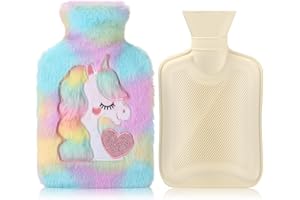 YNREDEE Hot Water Bottle with Cover,Removeable & Washable Soft Unicorn Plush Bottle Cover Warm in Winter,Natural Rubber 1 L for Neck,Waist,Back,Legs,Shoulder (Green)