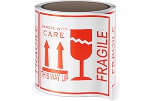 MIFFLIN Warning Stickers for Fragile Items - 102 Stickers, 10 x 10 cm, 1 Roll - Moving Tape for Shipping - Large Handle with Care Warning Stickers for Glass Items